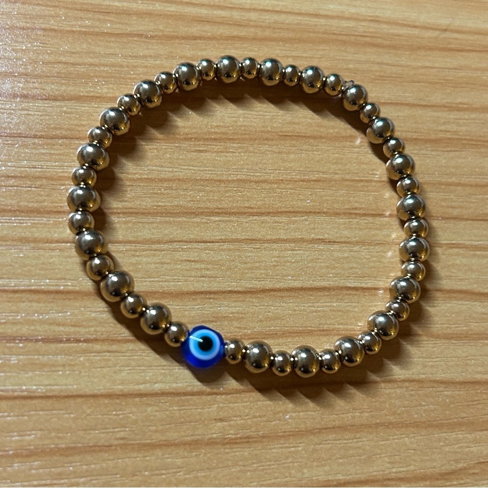 Stainless Steel Gold Beaded Stretch Bracelet w/ Evil Eye 🧿 - Picture 2 of 6